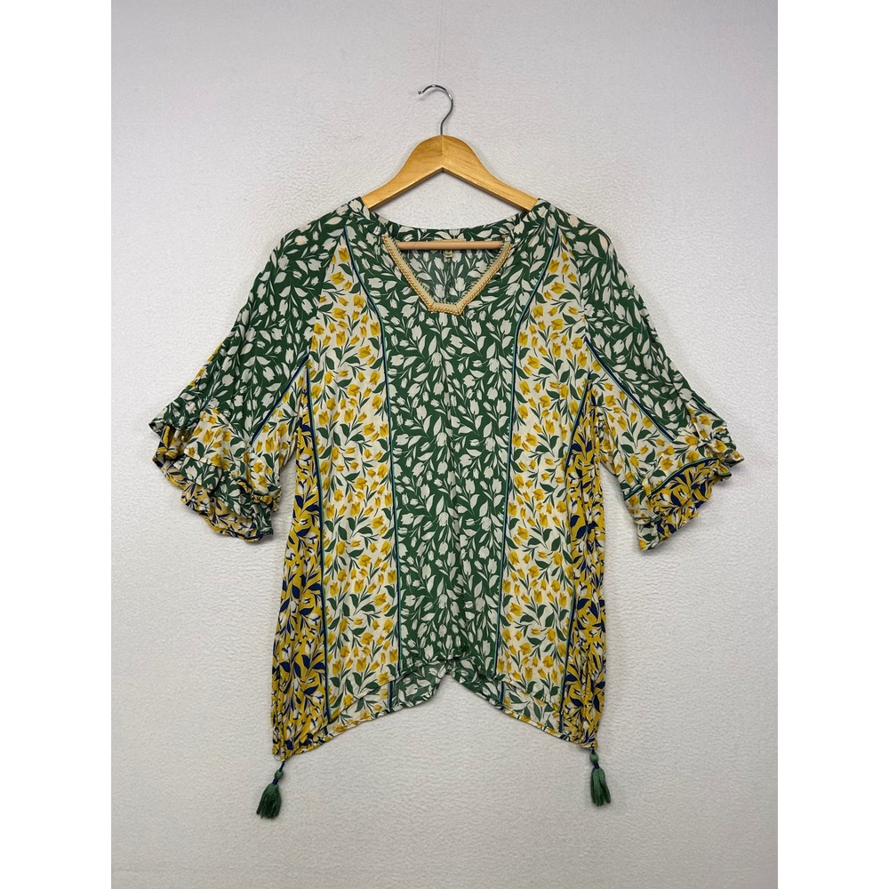 Boho Cottagecore Democracy Womens Medium Green Yellow Floral Tassel Blouse